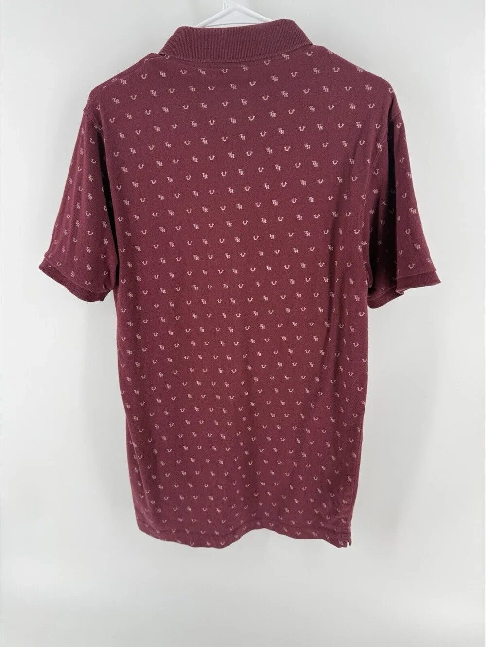 True Religion Men's Burgundy Polo Shirt Logo Micro Pattern Short Sleeve Medium